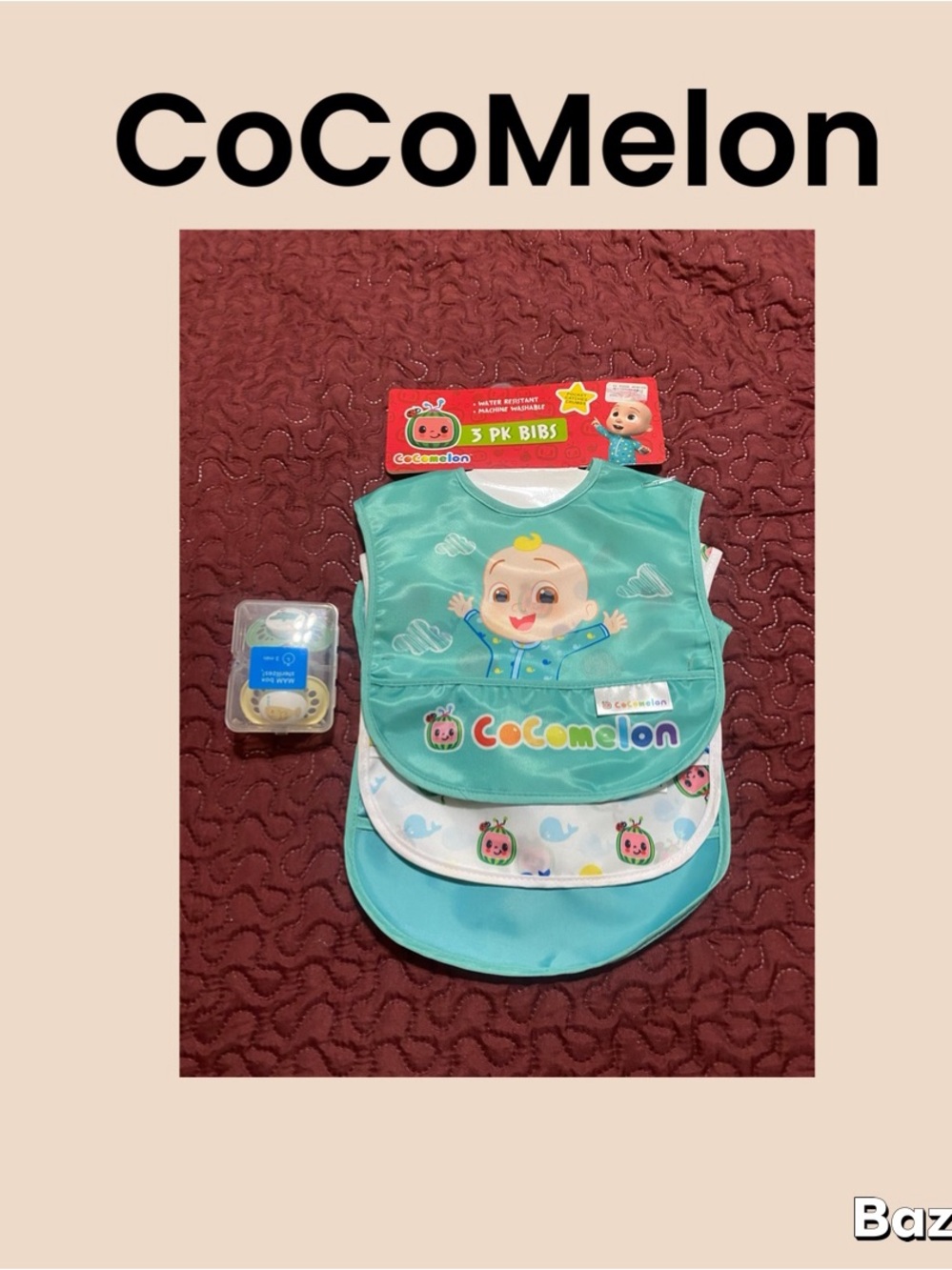 CoComelon 3 Pack Baby Bibs/2 Pack Pacifiers NWT